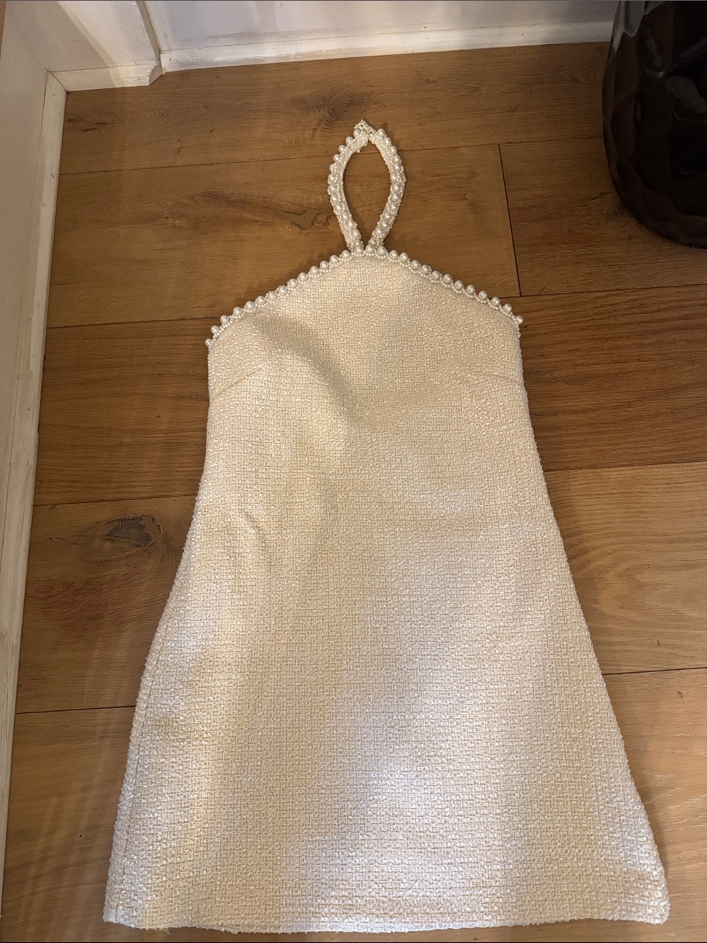 Tuckernuck, Cream / White Pearl-Trim Halter Mini Dress. Size XS